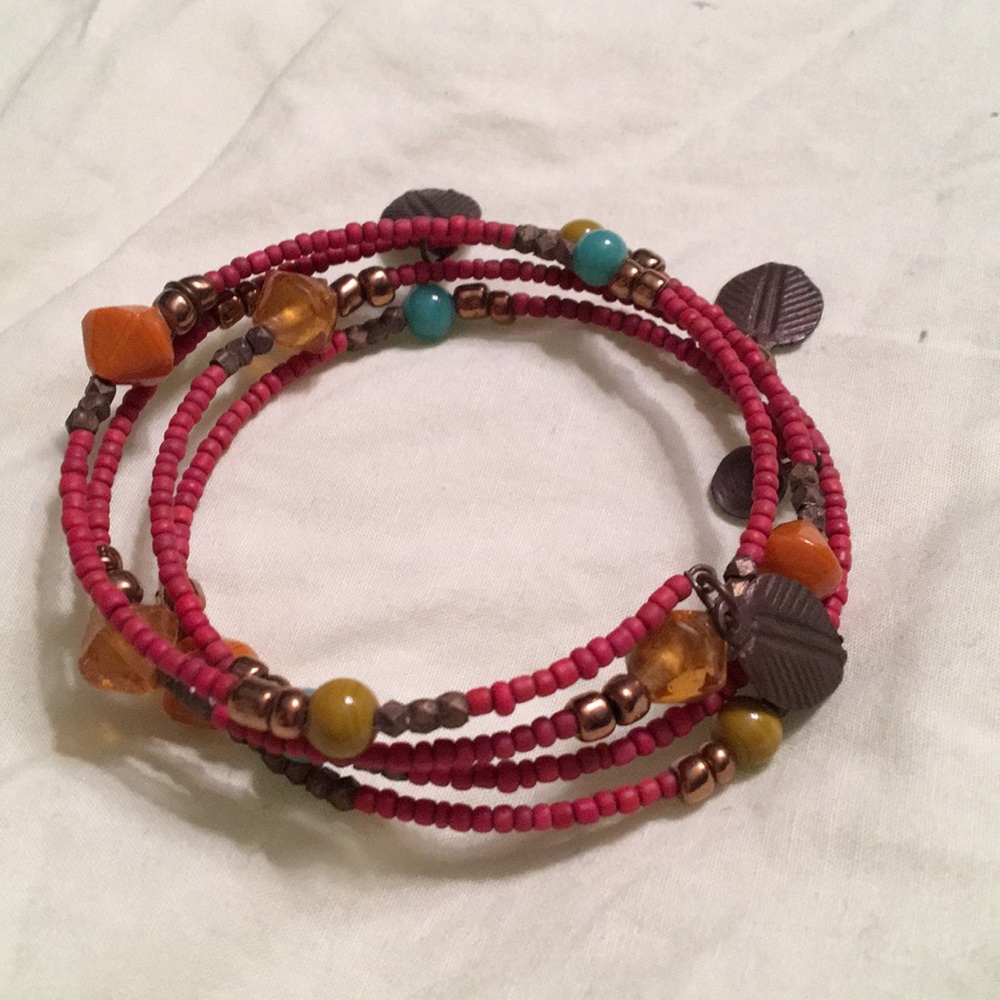 Glass Beads Wire Wrap Bracelet with Metal Charms